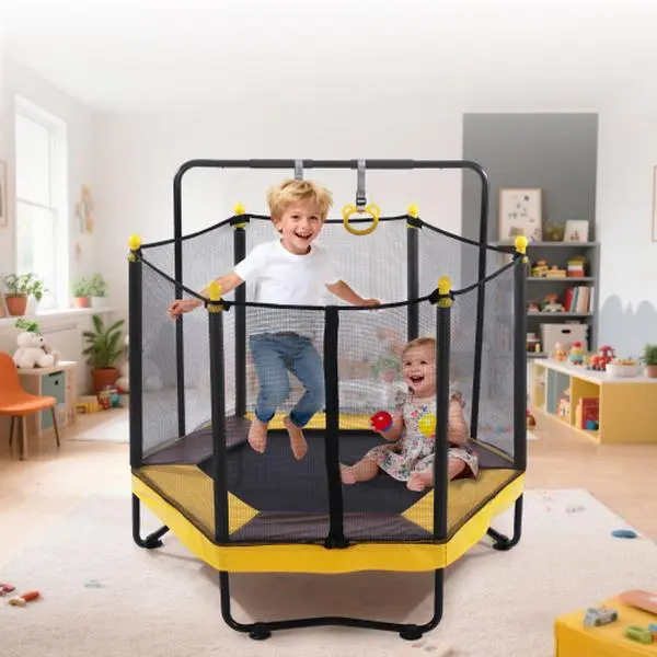 54-Inch Kids Indoor Iron Trampoline with Dense Safety Net, 360° Safety Pad, PVC-Coated Sturdy Frame, Basketball Hoop, Adjustable Gymnastics Bar - Home Multi-Sports Bouncing Toy for Toddlers Ages 1-8, Quick Setup with Detailed Manual, Indoor Trampoline