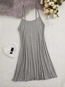 Women's Solid Backless Lettuce Trim Sleeveless Cami Nightdress, Casual Comfy Feminine Fit Spaghetti Strap Nightgown for Summer, Ladies Sleepwear & Loungewear for Indoor Wear