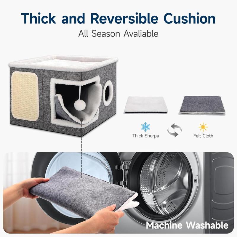 Extra Large Cat Condo Foldable Two Story Sisal Scratching House with Removable Washable Mat Soft Nest for Kittens Adult Cats Multi Functional Pet Furniture