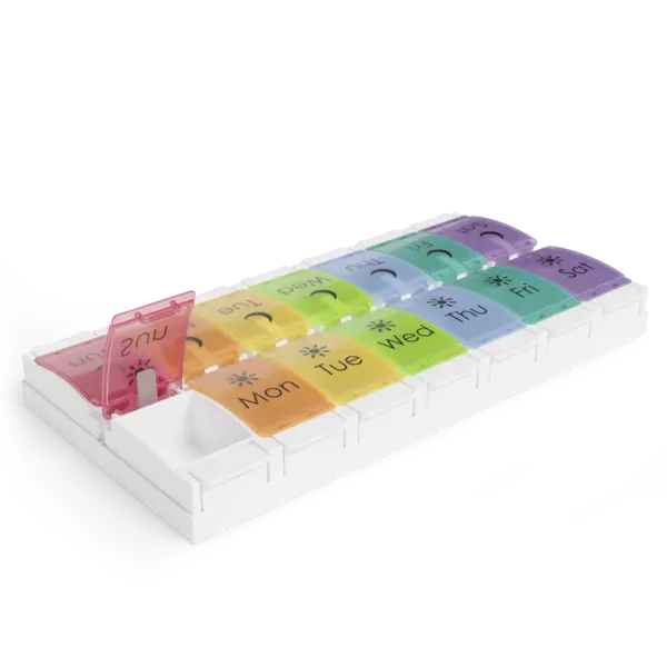 Ezy Dose® Push Button Weekly AM/PM Pill Organizer, Rainbow