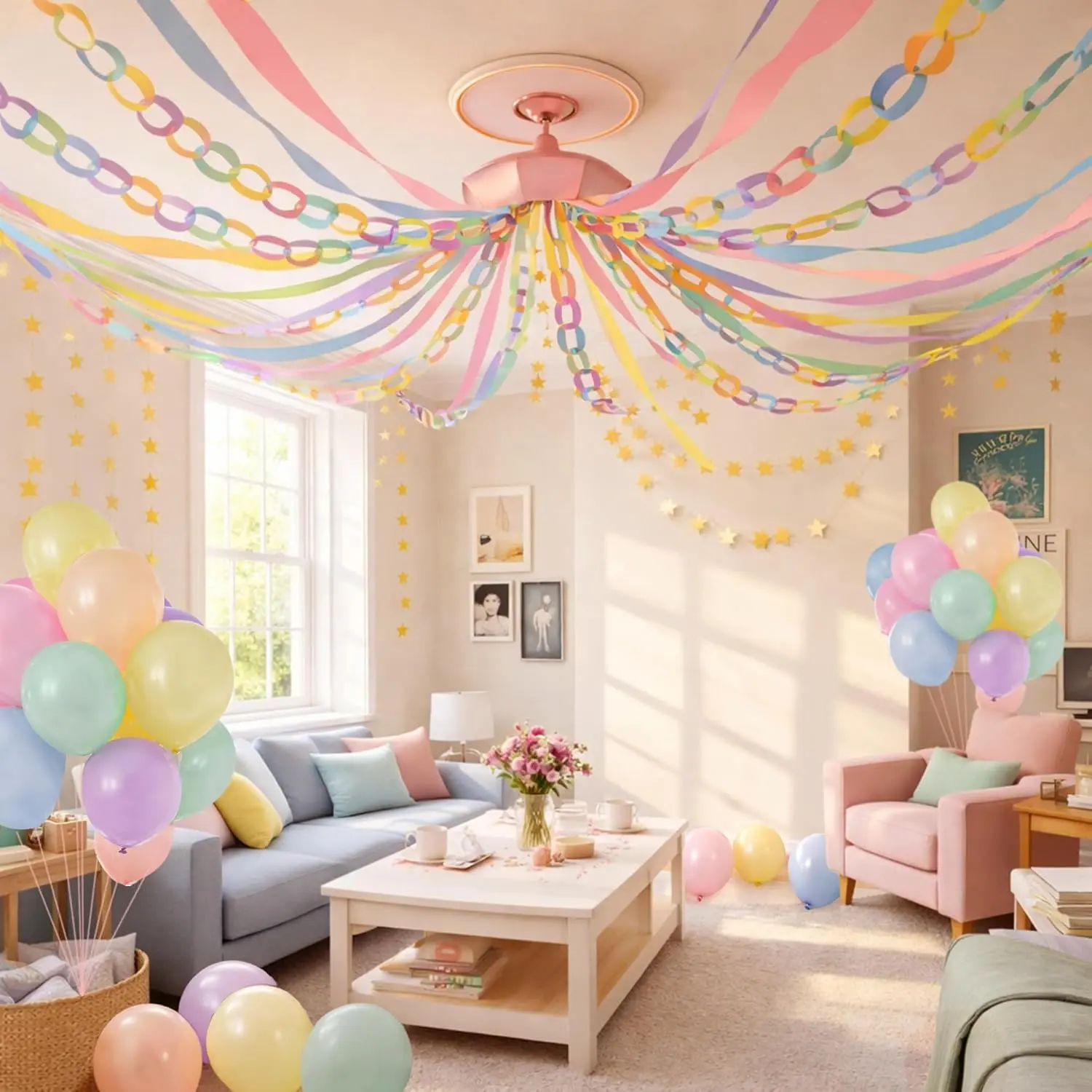 Pastel Birthday Party Decorations Kit – 492ft Crepe Paper Streamers, 300 Paper Chain Strips, 78.6ft Gold Star Garland & 30 Pastel Balloons – Complete Hanging Decor Set for Birthday