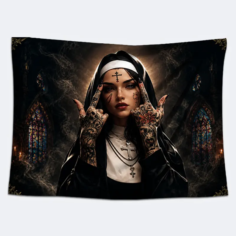 Gothic Tattooed Nun Tapestry, Dark Cathedral Portrait Wall Hanging, Alternative Fantasy Fabric Wall Art, Moody Aesthetic Decor for Bedroom, Dorm Room and Gaming Room