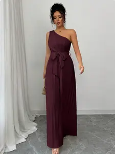 Elenzga Elegant Apricot Ruched Waist Wide Leg Jumpsuit For Women - Burgundy