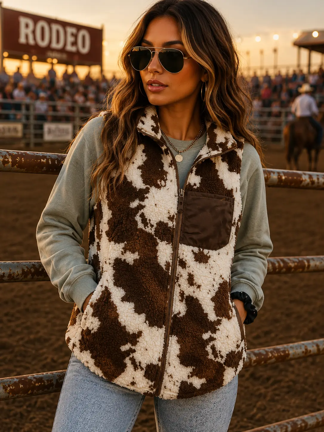 Brown Cow Print Plush Fleece Faux Fur Zip Up Vest