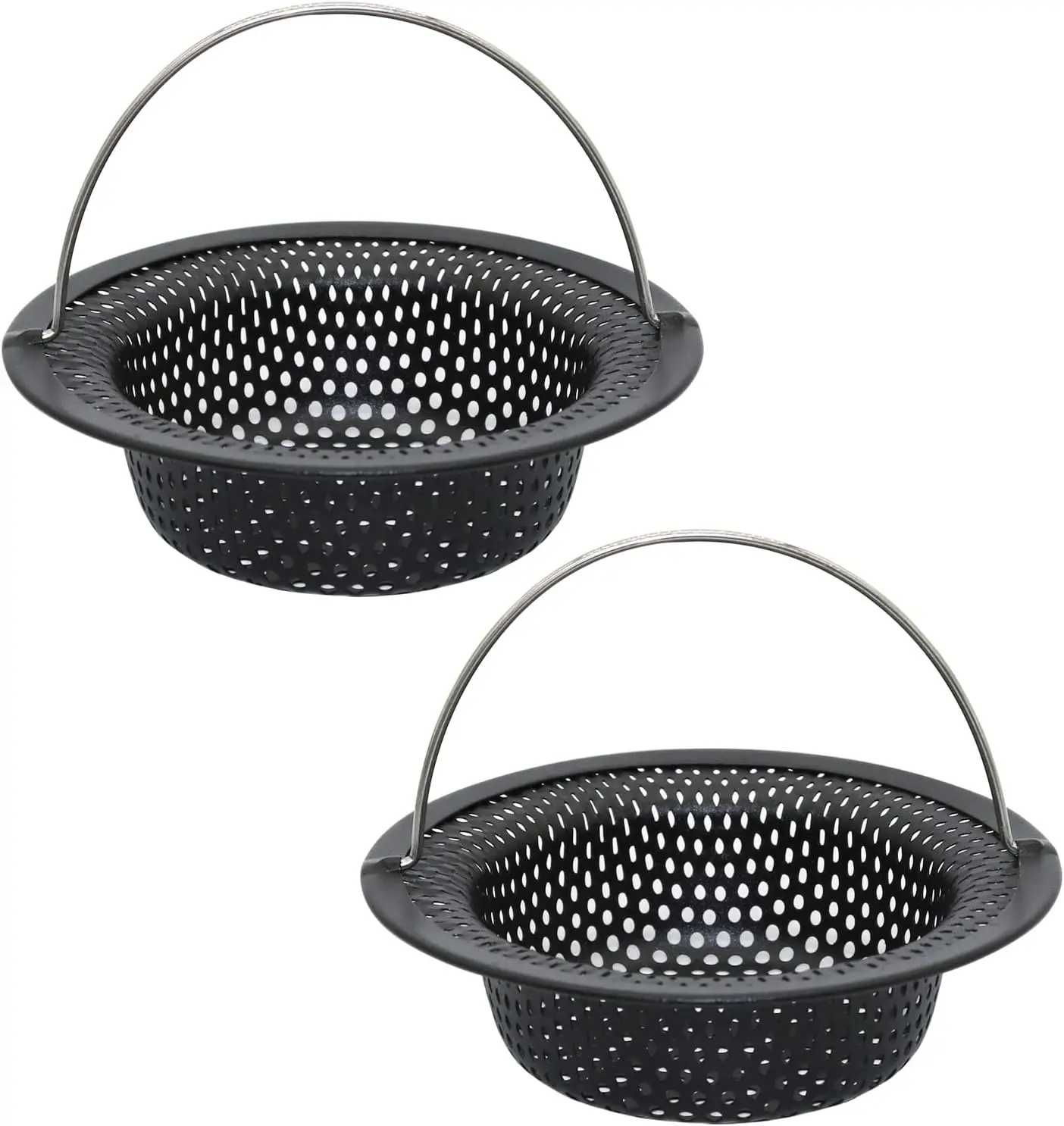 2 count Black Kitchen Sink Drain Strainer with Handle for  Drains, Stainless Steel, Large Wide Rim, 4.5in Diameter, Anti-Clogging, Rust Free