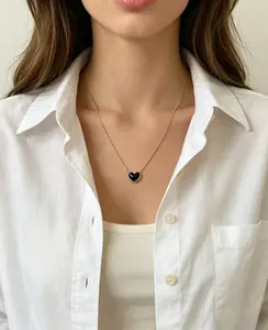 Dainty 18K Gold Plated Black Cubic Zirconia Puff Heart Necklace | Adjustable 15-17" | Gift for Girlfriend