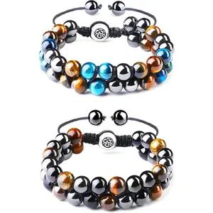 Sanfenly 2Pcs Natural Stone Beaded Bracelets for Men Women, 8mm Blue Tiger Eye Obsidian Triple Protection Jewelry, Ideal Christmas Valentine’s Day Gift