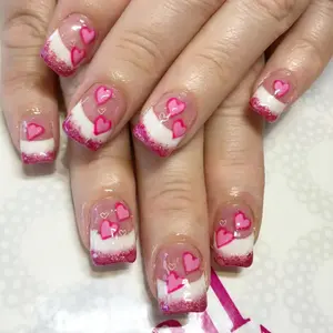 24Pcs Pink Valentines Nails Heart Press on Nails Short Square Fake Nails Glitter Heart Glue on Nails French Tip False Nails Cute Artificial Acrylic Nails for Women Girls Holiday Nail Decoration