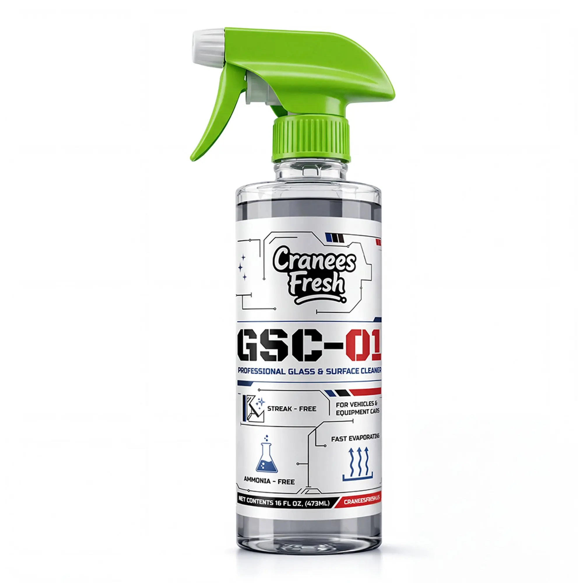 Cranees Fresh GSC-01 Professional Glass Cleaner – Streak-Free Window & Surface Cleaner for Cars Trucks Home – Ammonia-Free Tint Safe – Crystal Clear Shine for Windshields Mirrors Glass Doors – 16oz Bottle
