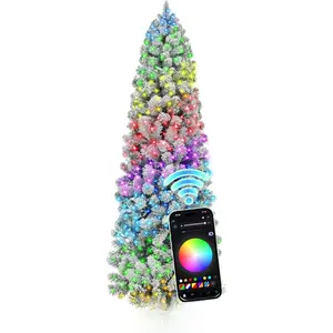 6 ft Flocked Prelit Christmas Tree with 250 LED Lights, App Control, Skinny Artificial Pencil Christmas Tree, Multi-Color RGBW Lights, 770 Branch Tips, for Small Space, Home, Party