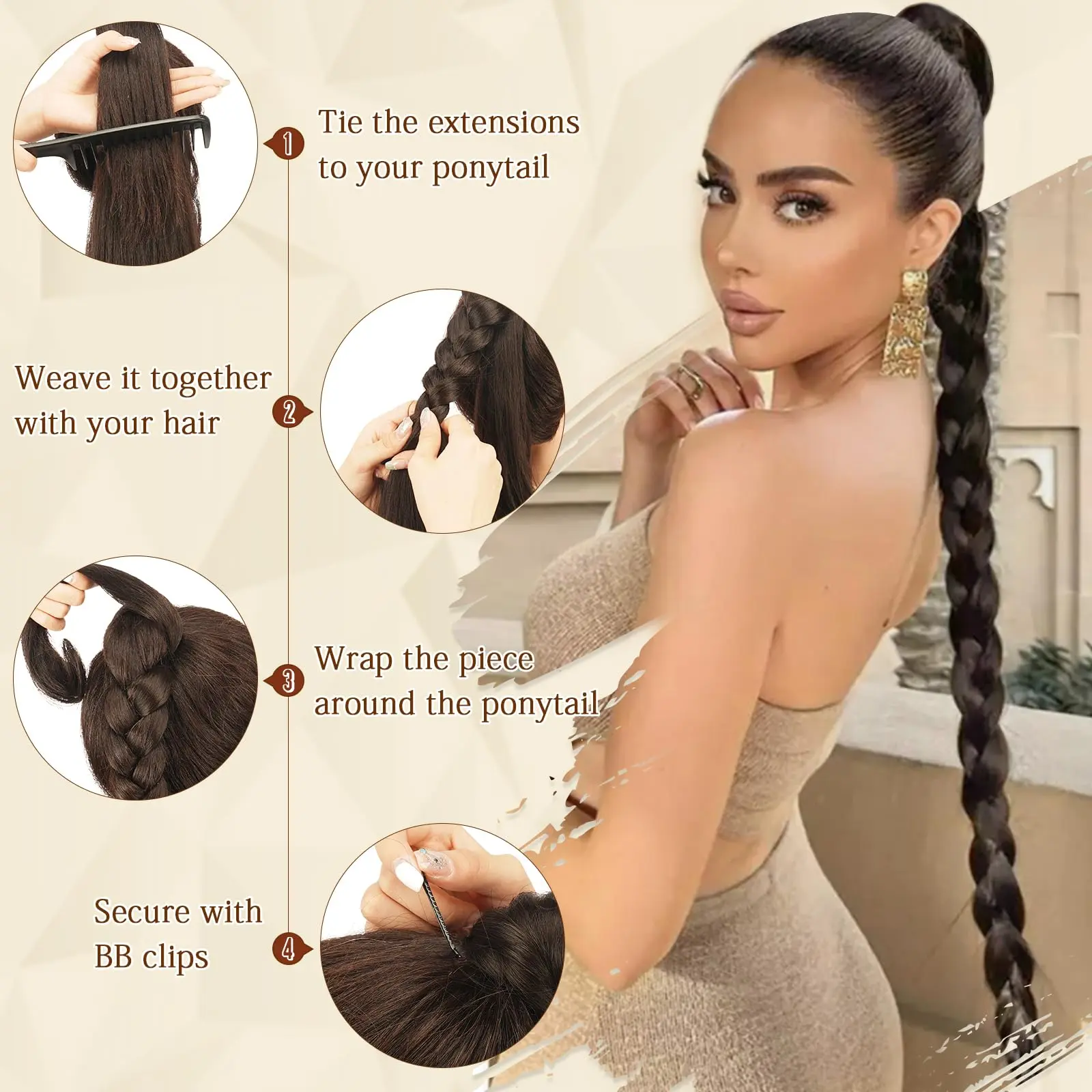 AISI HAIR 32inch 2PCS Long Braided Ponytail Extension for 