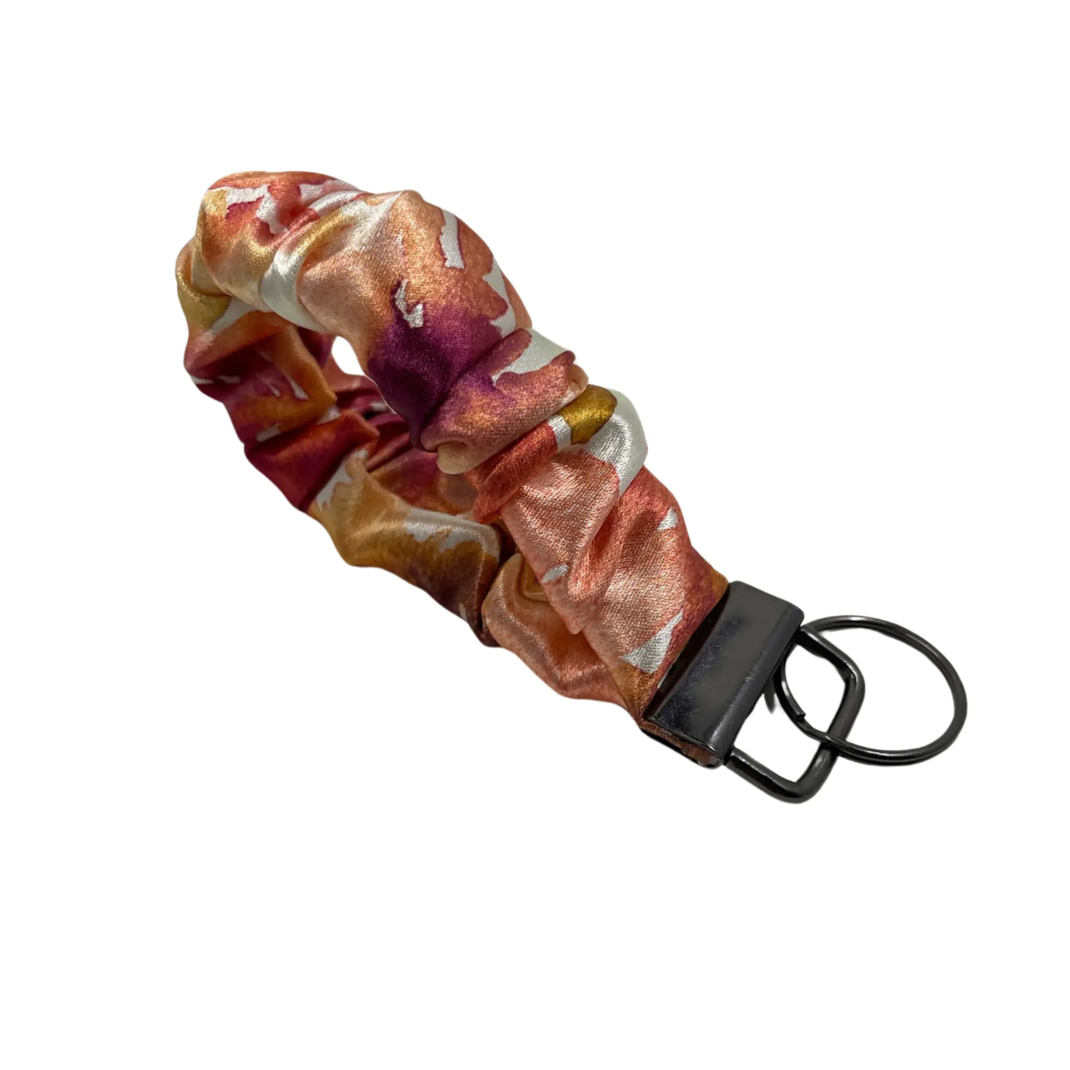 The AUTUMN Scrunchie Keychain - 7" Handmade Wristlet for Keys, IDs, and Hand Sanitizer - Warm Shades of Red, Peachy Orange, and Buttery Gold