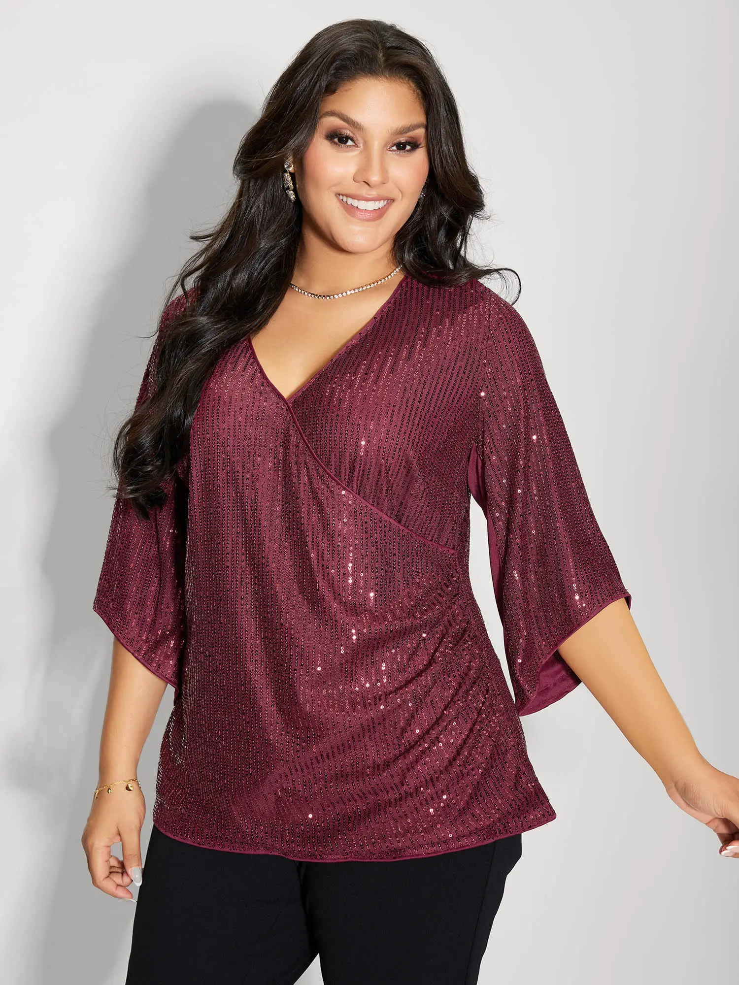 BloomChic Shimmery Sequin Gathered Flared Sleeve Blouse 【M-6XL】 BloomChic Shimmery Sequin Gathered Flared Sleeve Blouse 【M-6XL】