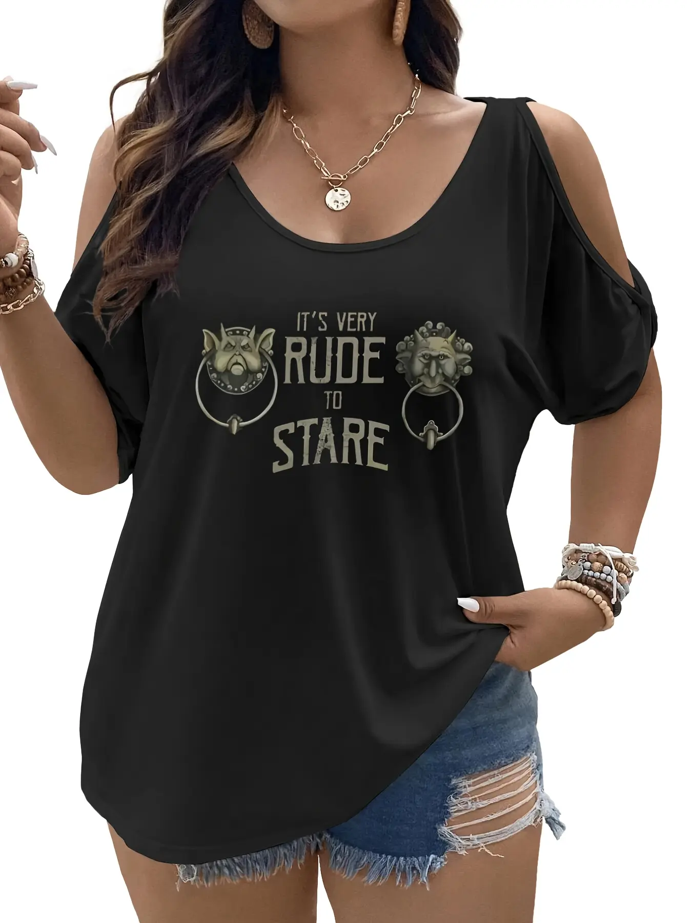 Plus Size - Loose Off-Shoulder T-Shirt for Plus-Size Women Featuring a Pattern That Says 'Staring Is Too Rude', Designed in Black And Golden with a Vintage Asymmetric Style, Perfect for Summer Casual Wear, And Has Short Sleeves oversized tshirt