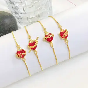 Women's Adjustable Gold-Plated Zircon Heart Design Bracelet - Red Sacred Heart, Thorns Rose, Valentine's Day Gift, Fashion Costume Jewelry Accessory