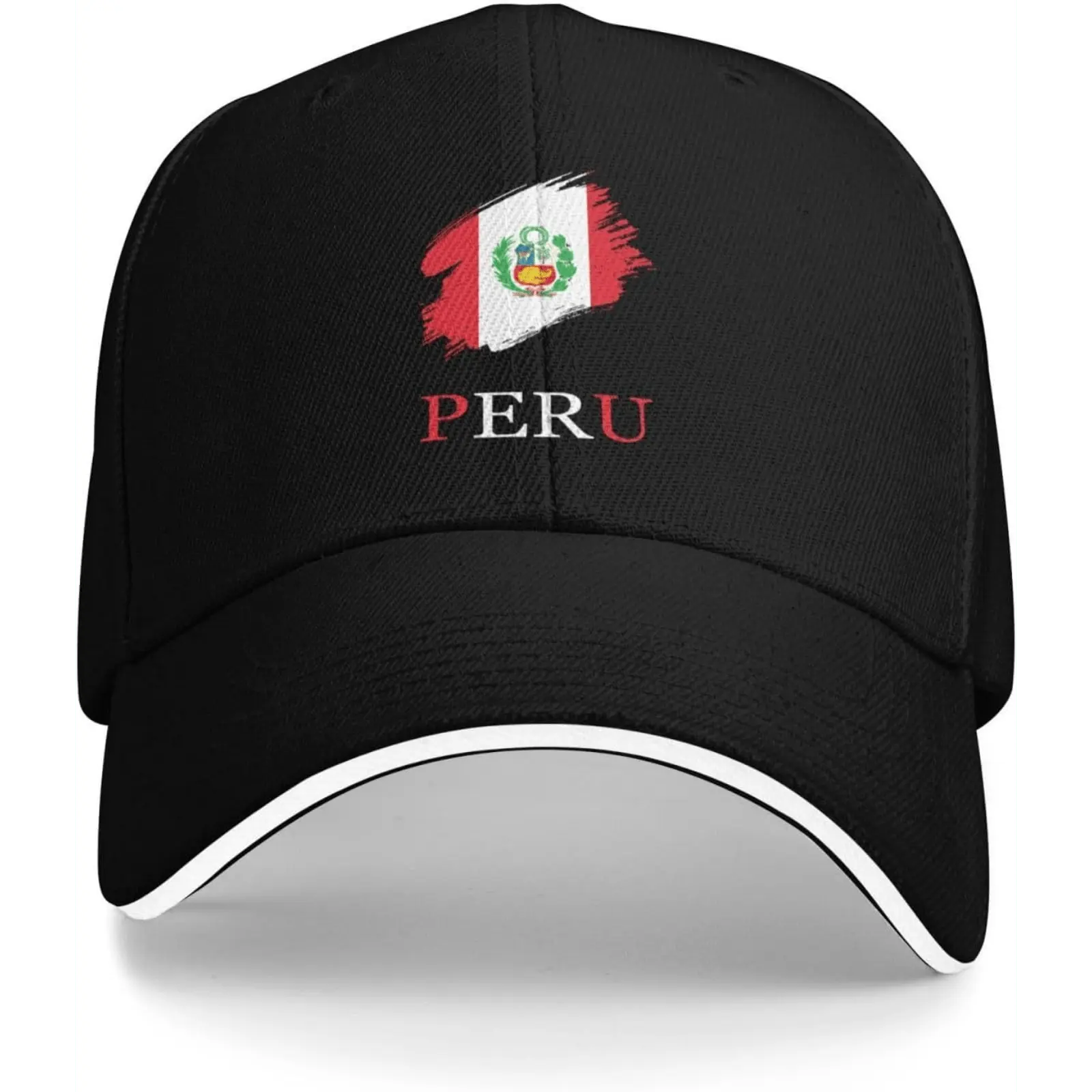 Adjustable PERU Printed Baseball Cap Sandwich Baseball Cap - Retro Style Black Trucker Cap, Lightweight 100% Polyester, Hand Washable - Anniversaries, Easter, Perfect Gift for Lovers, Friends, Family, Co-Workers, Men Fishing