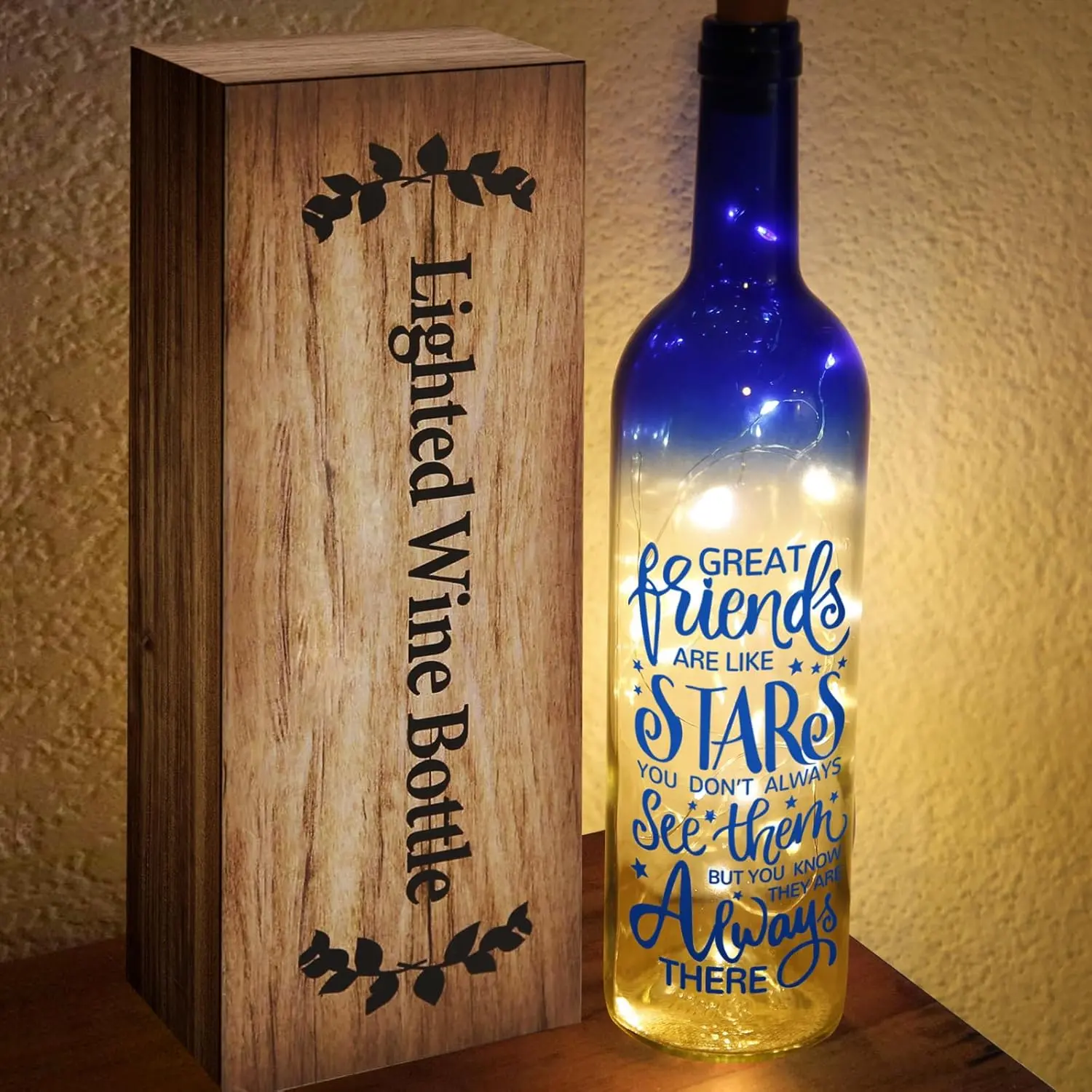 Cork Glass Bottle LED Light-Up Lamp - 12.4 in, 4.3" Width, 3 LR44 Synthetic Lights - 2025 Christmas Gifts for Adults, Sister - Home & Festive Decor with Friendship Quote