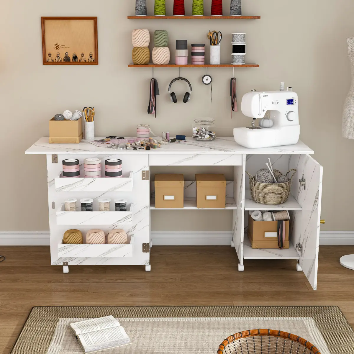 Heavy-Duty Folding Sewing Workstation - Office Utility Unit with Folding Desk, Drop Leaf, Expandable Craft Surface, Multi-Wheeled Rolling Cabinet with Wheel Locks, Shelves, Bins, Fabric Storage for Small Home Spaces (Heavy-Duty Tables, Durable Tables), Wh