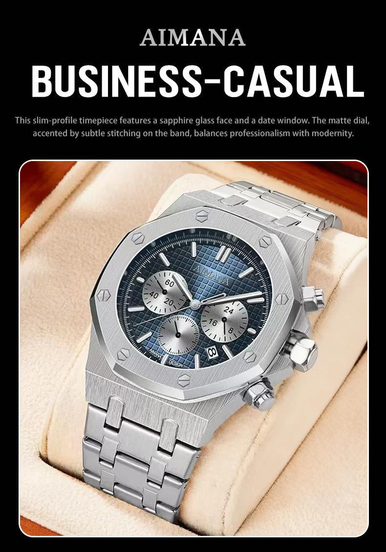 Men’s Stainless Steel Chronograph Watch – Square stainless steel case, luminous dial, water- and scratch-resistant, with three sub-dials and control buttons. A perfect gift for men(Randomly give away an elegant,and stylish women's watch)