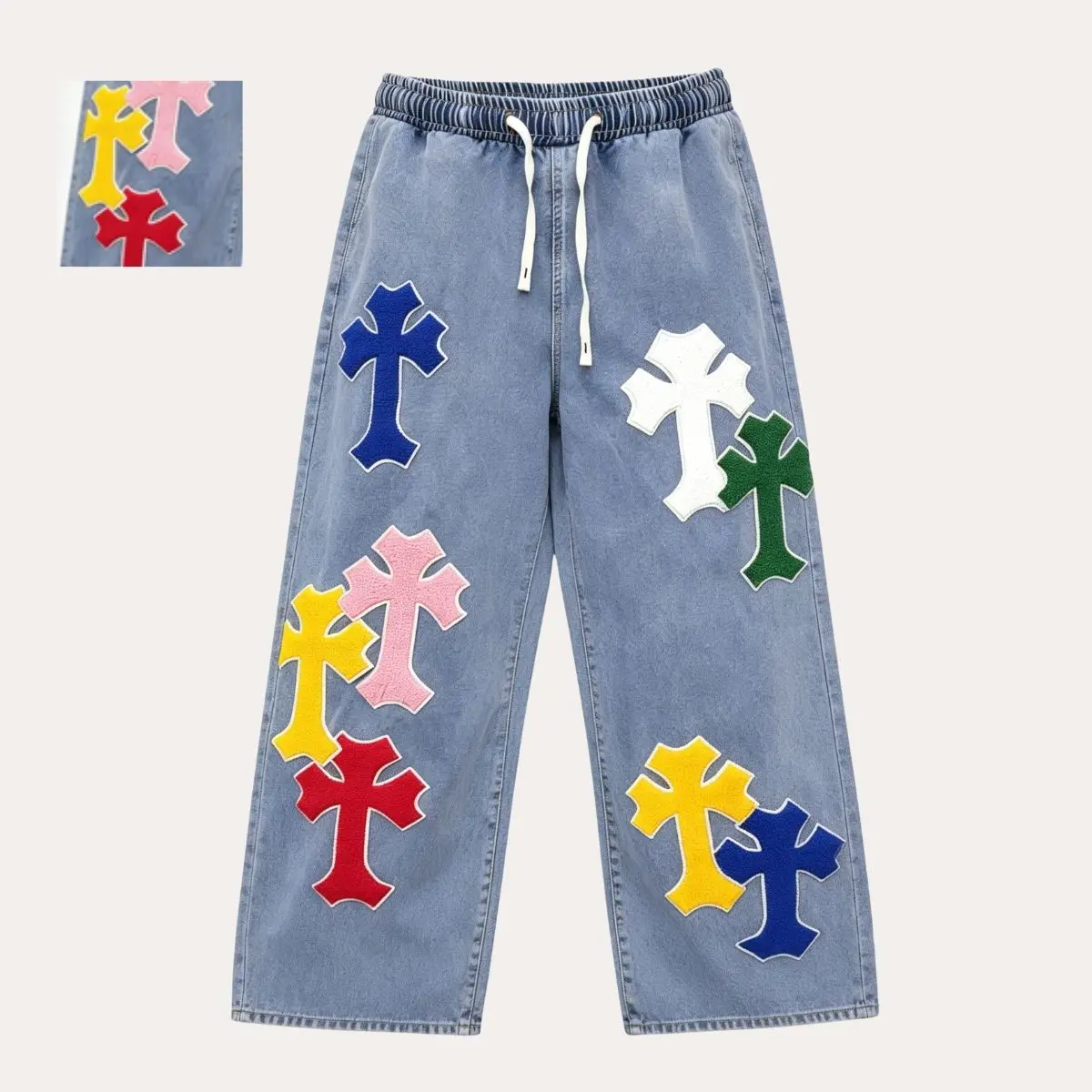Men's Retro Colorful Cross Pattern Jeans, Casual Menswear Oversized Wide-Leg Denim Pants with a Drawstring Waist, Straight, Streetwear, Chic, Retro Style, Mid Waist, Criss Cross, Cotton Denim, Cross Print