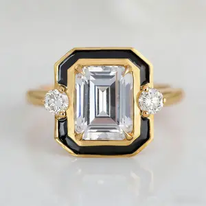 Art Deco-Style Emerald-Cut Cubic Zirconia Ring - Black Enamel Gold-Plated Engagement Jewelry, Vintage Elegant Crystal Alternative Style Ring, Crystal Rings, Gold Plated Rings