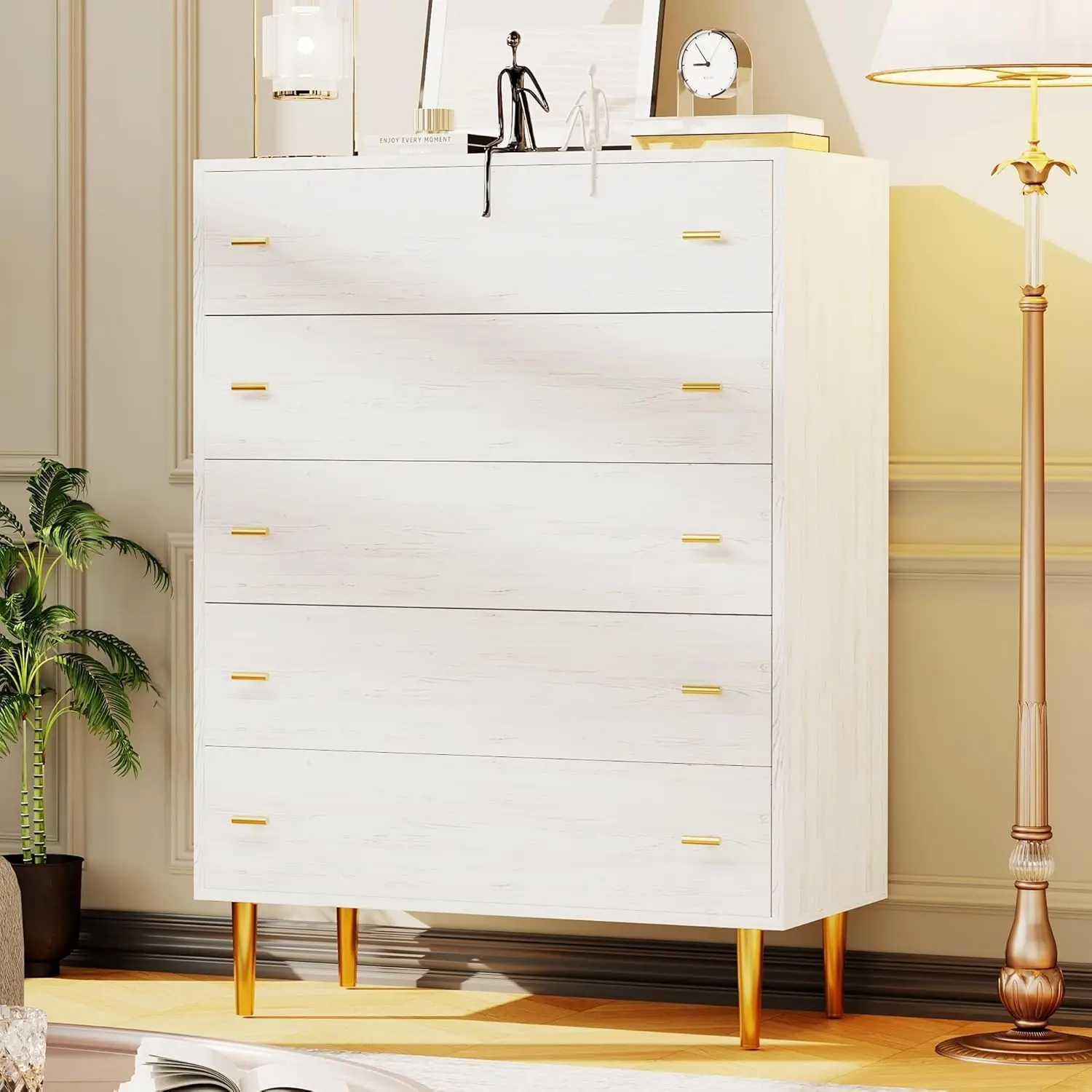 【Christmas Gift】Farmhouse 5 Drawers Dresser for Bedroom  44 inches Tall White Dresser Wood Rustic Chest of Drawers with Large Drawers and Bar Handles -Drawer Organizer for Living Room/Hallway/Entryway -Natural Texture