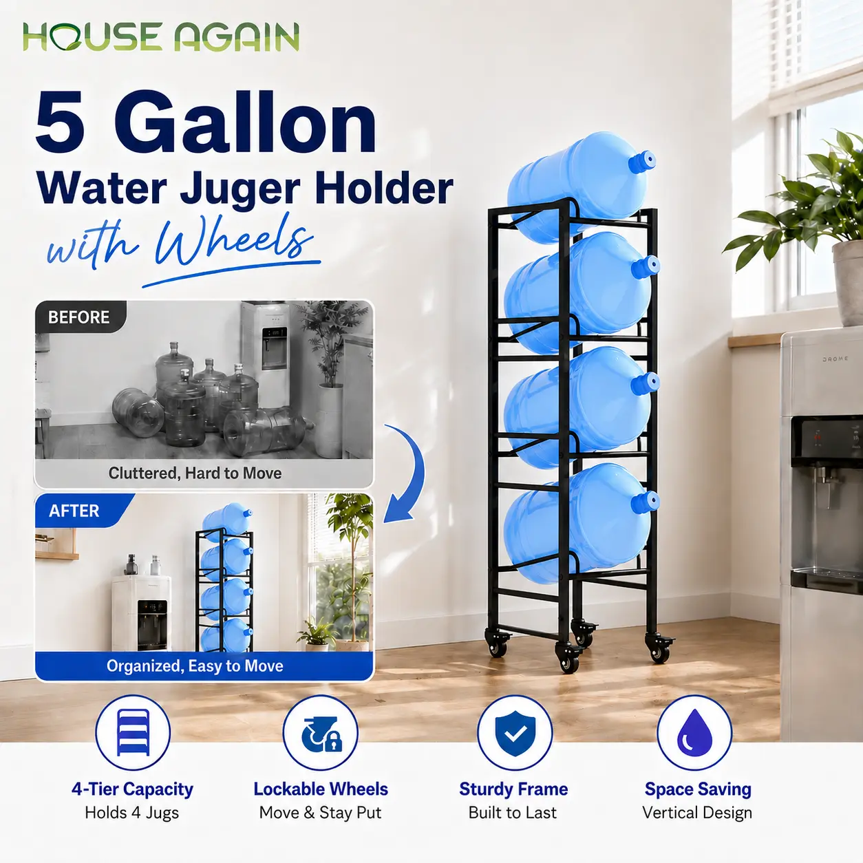 5 Gallon Water Jug Holder Portable Kitchen Rack with 4 Wheels Stainless Steel Space Saving Stand for Home Use Kitchenware TikTokShopBacktoSchool