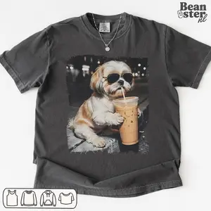 Shih Tzu Drinking Iced Coffee Shirt  Dog Owner Gift, Funny Animal Meme Tshirt, Vintage Photo Comfort Colors Tee