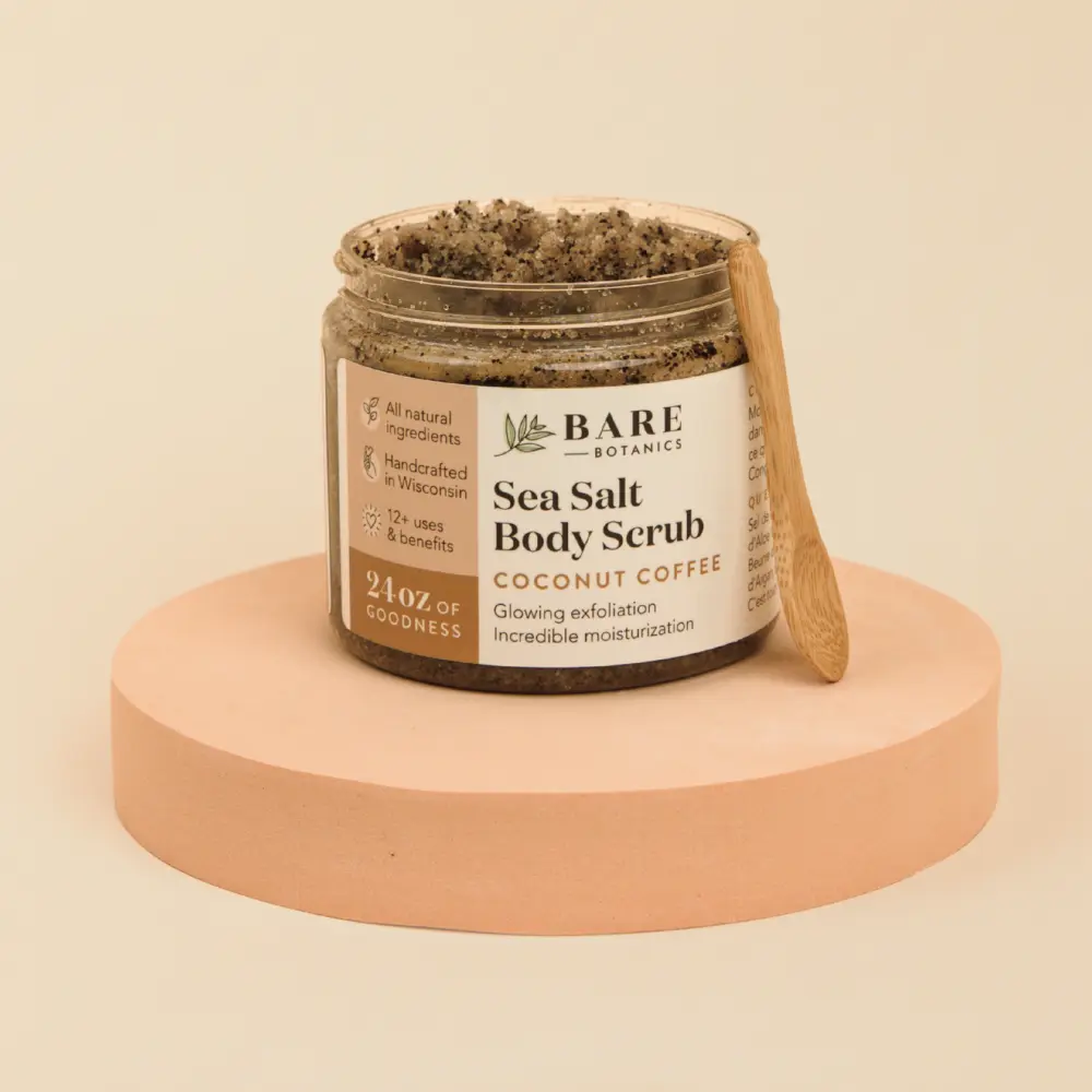 Bare Botanics All Natural Sea Salt Body Scrub 24 oz Coconut Coffee, Double Exfoliating & Ultra Moisturizing Hydrating Skin Polish with Jojoba, Argan & Shea Butter, Vegan & Cruelty-Free