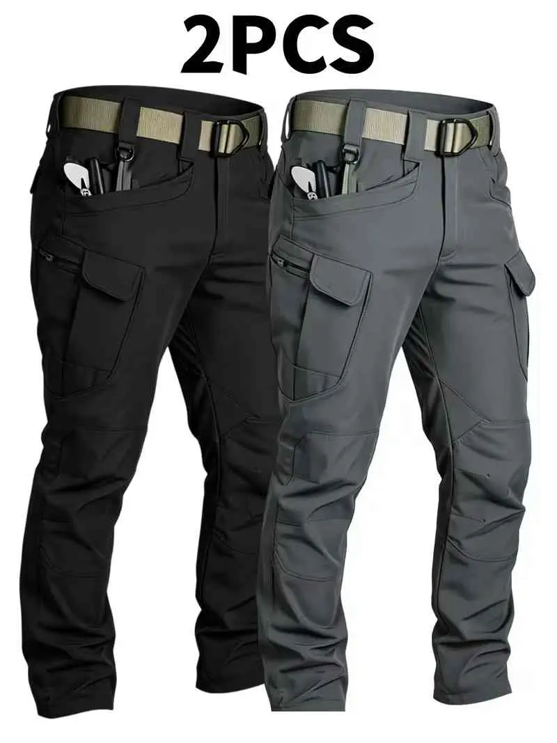 2PCS Men’s Tactical Pants – Stretch Waterproof Fabric, Durable Cargo Pants for Hiking, Casual Wear & Work, Multiple Pockets (No Belt)