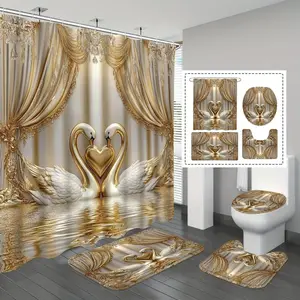 Elegant Swan Print Shower Curtain Set, Waterproof Restroom Bathroom Decor with Toilet Mat, Includes 12 Hooks, Modern Home Decoration Gift, Home Goods