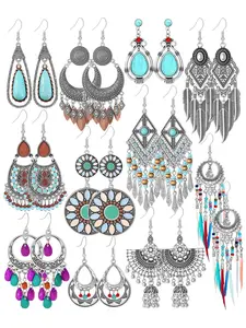 3 pairs Handmade Vintage Antique silver Bohemian Long Tassel Colorful Bead Dangle Drop Earrings Big Tribal Chandelier Geometry Hook Earrings for Women Statement Jewelry Gifts Boho Style Jewelry