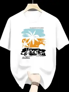 Summer Sunshine, Palm Tree Printed Pattern Men's Short Sleeved Tshirt, Spring and Summer Outdoor Fashionable Casual Round Neck Top, Breathable and Regular Fit, Fashionable Casual Wear, Men's Casual Tshirt