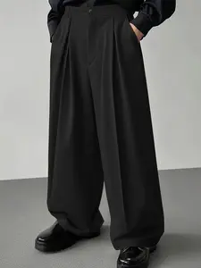 Men's Loose Fit Solid Color Pleated Pants, Ultra-Large Slimming Straight Leg Long Pants Soft Street Style Spring Pants, Casual Beach Pants