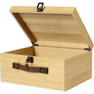 Large Bamboo Wood Storage Box with Lock Keys Hinged Lid PU Leather Handles Lidded Natural Wooden Storage Bins Basket Protable Retro Vintage Suitcase Decorative Keepsake Stash Chest Box Case