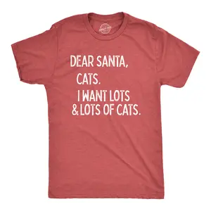 Mens Dear Santa Cats I Want Lots and Lots Of Cats T Shirt Funny Pet Kitty Christmas Graphic Tee Mens Funny T Shirts Cool Vintage Fashion T-Shirt Gift Classic Menswear Christmas Apparel for Men Funny Cat Short Red