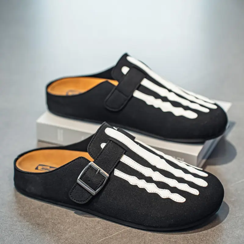 Men's All-Season Backless Mule Slippers, One-Piece Soft Rubber Sandals, PU Leather Upper, Casual Home Clogs, Medium Width, Mule Slides