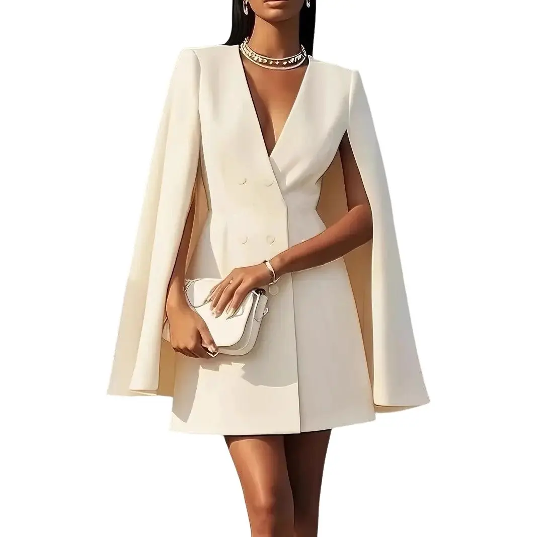Women’s Double Breasted Blazer Dress 100% Polyester Elegant Cape Sleeve Suit Dress Solid Color V Neck Office Wear Casual Commuter Midi Dress for Women Party Work Outfit BYL