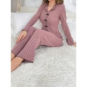 Women's Solid Lettuce Trim Top & Pants Loungewear Two-Piece Set, Casual Comfy Long Sleeve V Neck Top & Trousers PJ Set, Ladies Sleepwear for All Seasons1123