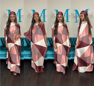 Vacation Vibes Kaftan Maxi Dress with Matching Scarf  -  Burgundy Pink Cream Blend