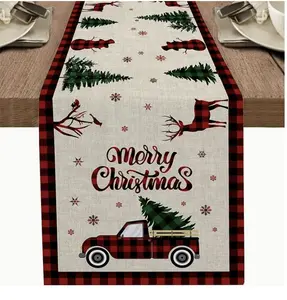 1pc Square Woven 100% Linen Christmas Holiday Table Runner - Festive Red Truck and Plaid Design, Farmhouse Themed Table Decoration for Dining, Wedding, Party