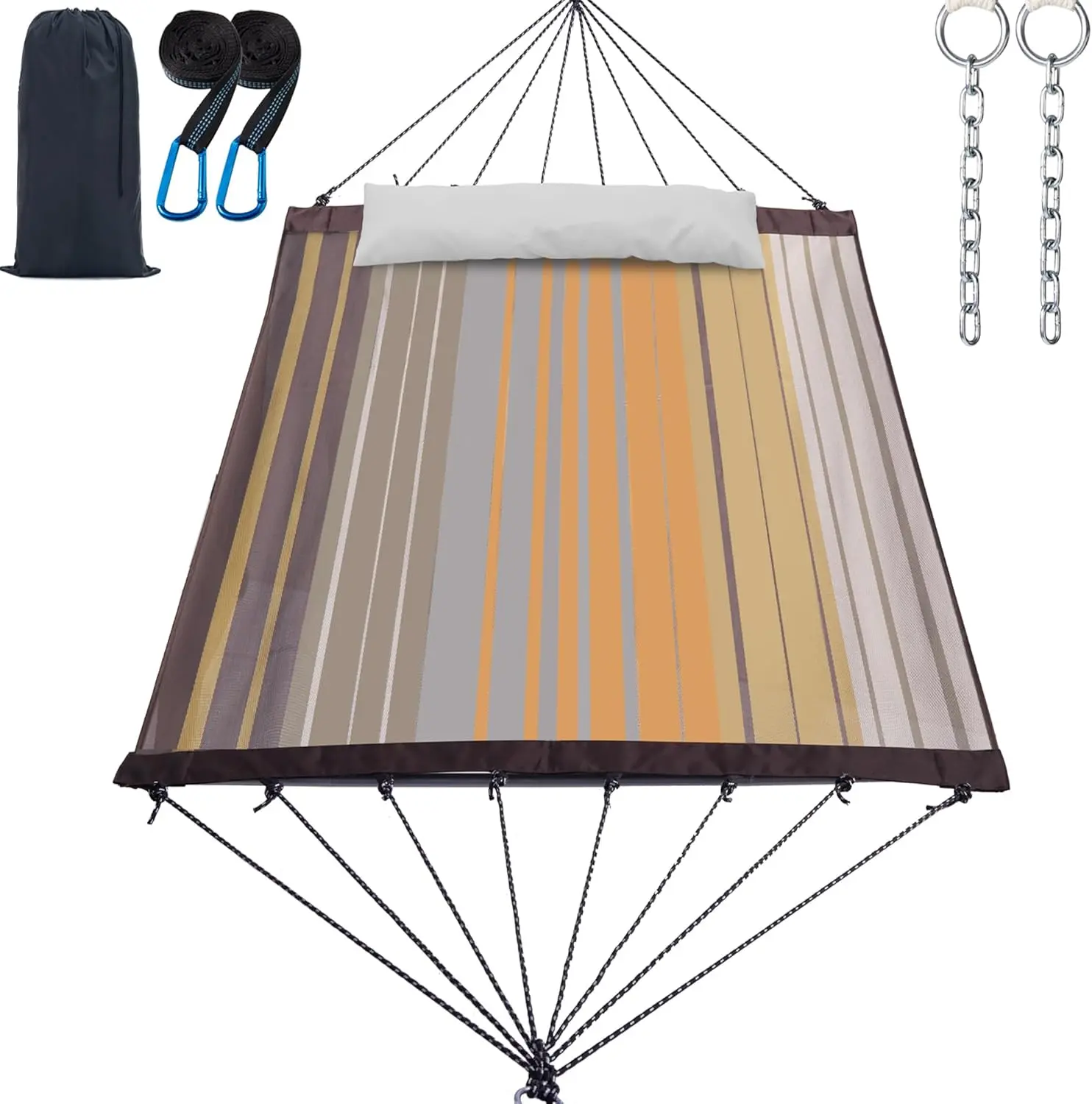 14ft 2 Person Hammock for Outside, Quick Dry Textilene, Portable Hammocks Without Stand with Folding Steel Spreader Bar, Carrying Bag, Tree Straps, Pillow & Sidebag, 550 lbs Capacity (Coffee)