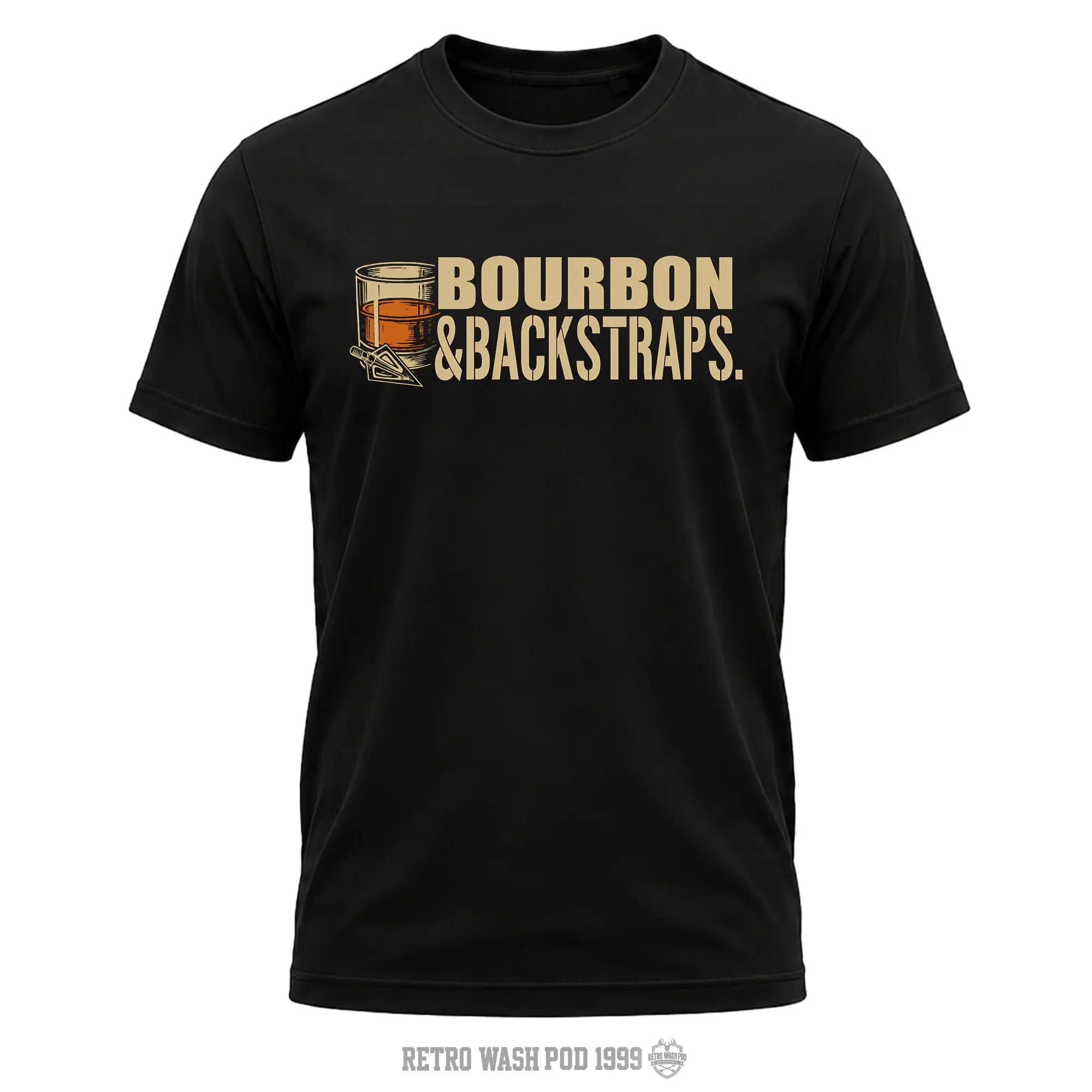 "Bourbon & Backstraps" Men's Shirt, Hunting T-shirt, Crew Bowhunting Shirt, Deer Skull Archery Tee, Archery Tactical Gear, Unisex Short Sleeve Casual 100%, Outdoor Gift For Men, Made In USA.