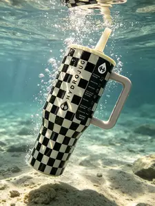 HydroJug 40oz Black & White Checkered Traveler Tumbler, Triple-Wall Insulated Stainless Steel Cup with Ergonomic Handle & Flip Straw Lid, Leakproof Iced Coffee Mug For Outdoor Camping Road Trip