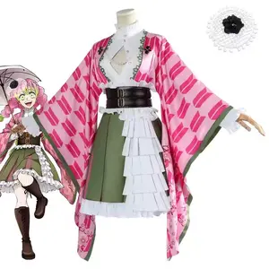Demon Slayer Anime High Quality Lolita Maid Uniform Outfit Halloween Party Kanroji Mitsuri Cosplay Costume with Pink Kimono and Green Skirt