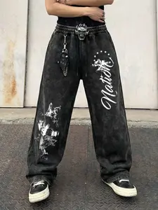 "warm Church" Men's Distressed Drawstring Casual Lounge Pants, Casual Fitted Style with Random Print for All Seasons, Comfortable Everyday Wear