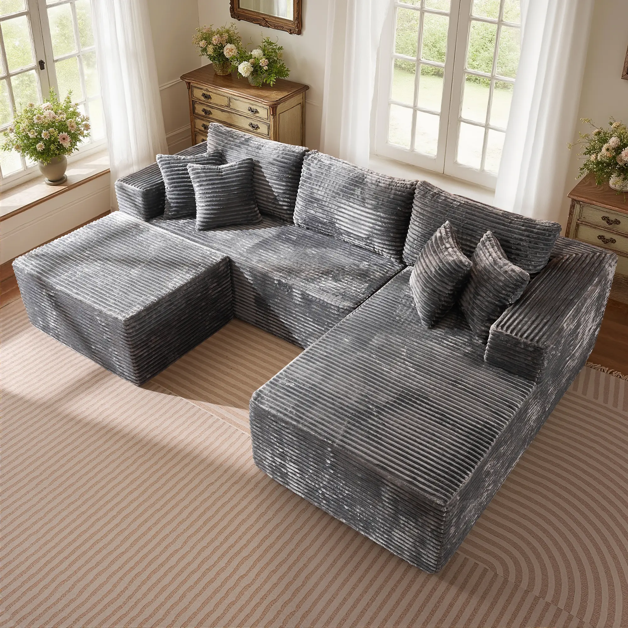 Grey Plush Corduroy Right Chaise