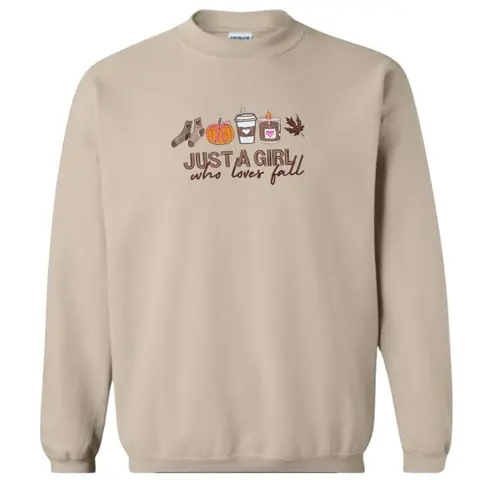 Just a girl who loves fall sweatshirt crewneck , cute fall sweatshirt, spooky season, spooky szn, Halloween, Halloween sweatshirt, embroidered Halloween sweatshirts