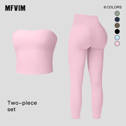 MFVIM Women's Solid Color Crop Tube Top & High Waist Leggings 2-Piece Sports Set - Casual, Comfortable, Breathable Activewear for Yoga, Gym, Sport Lover Lifestyle - Summer Sportswear Pants Travel Essentials