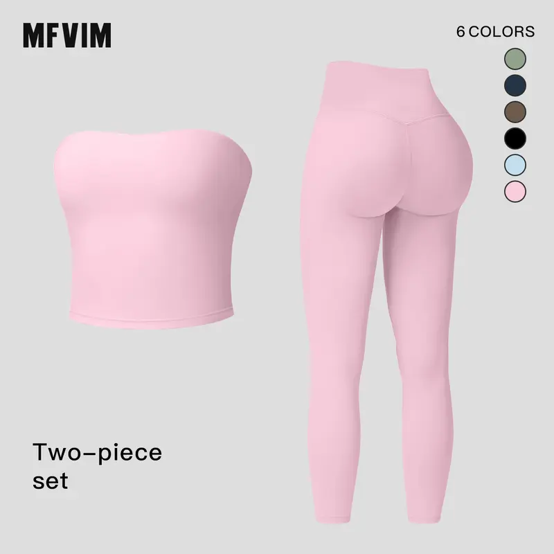 MFVIM Women's Solid Color Crop Tube Top & High Waist Leggings 2-Piece Sports Set - Casual, Comfortable, Breathable Activewear for Yoga, Gym, Sport Lover Lifestyle - Summer Sportswear Pants Travel Essentials